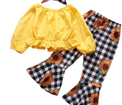 China 2022 Sweet Yellow Ruffle Tops And Long Flare Pants 2 Pieces Kids Girls Clothes Summer Children Clothing Set 8Years for sale