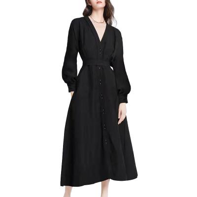 China Audrey Hepburn Style Classic Retro Black Anti-Static Trim V Neckline Waist Simple Comfortable Women Dress for sale