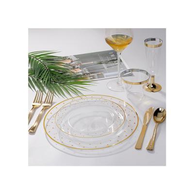 China New Design Wholesale Price Disposable Plastic Party Plates White Gold Elegant Gold Plastic Dinner Rim Dish Set for sale