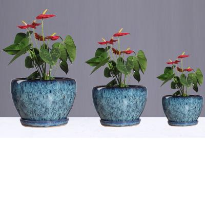 China Modern Classic Design Flower Pot Glazed Outdoor Garden Pots With Ceramic Tray For Indoor Or Outdoor for sale