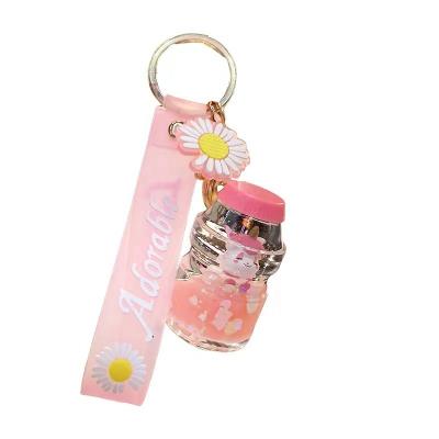 China Fashional Souvenir Gifts Oil Tea Liquid Quicksand Milk Unicorn Key Chain Creative Acrylic Floating Dangle Key Chain for sale