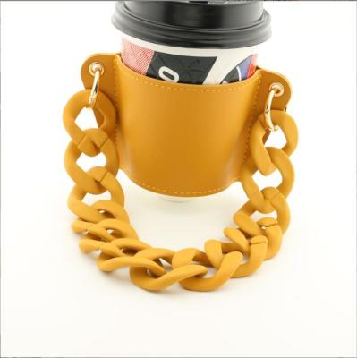 China Hot Beverage Juice Thermal Cup Holder PU Fashion Tea Coffee Beverage Mug Viable Leather Chain Acrylic Milky Warm Multi Colors Holder for sale