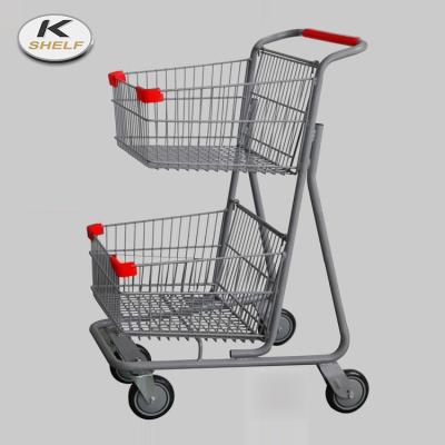 China Double Deck Wholesale 2 Tier Shopping Carts Metal Metal Shopping Trolley With 4 Wheel for sale