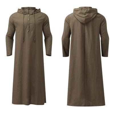 China Customized Latest Designs Saudi Arabic Muslim Men Cotton Linen Shirt Robe Plain Caftan Thobe Hooded Loose Casual Kaftan Islamic Abaya for sale