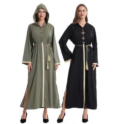 China Patchwork High Quality Muslim Women taped hand sewn diamond Hooded Abaya Dubai Islamic Rhinestone Clothes Robe Long Sleeve Modest Dress for sale