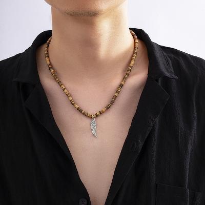 China Environmental Friendly Hot Sale Hawaiian Men's Jewelry Handmade Wooden Bead Necklace Feather pendant necklace Bohemia Beach Surfer Necklace for Men for sale