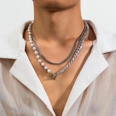 China Environmental Friendly Wholesale Beaded Silver Necklace For Men Fashion Vintage Mens Cuban Chain Necklace 2pcs Men's Pearl Necklace With Pendant for sale