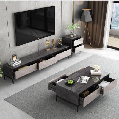 China Extendable Modern UV Panel Living Room TV Furniture Black Wood Coffee Table Tea Table Top Stand Set for sale