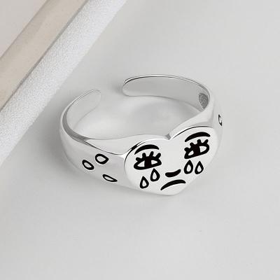 China Vintage 925 Sterling Silver Retro Sad Tears Emoji Love Face Heart Crying Ring for sale