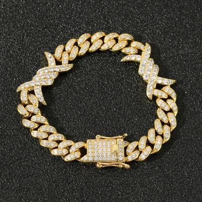 China Luxurious Hiphop 11mm Width Brass Hiphop Iced Out Full Diamond Thorns Cuban Link Chain Bracelet Men for sale