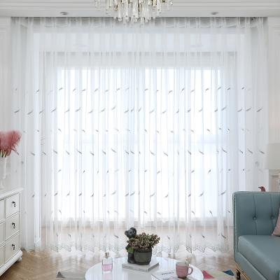 China Modern Hot Selling Sheer Voile Curtains Feather Pattern Embroidered White Sheer Curtain For Bedroom for sale