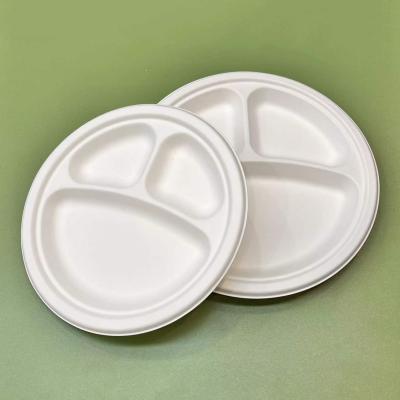 China Biodegrad Disposable 9 Inch 3 Compartment Party Disposable Disposable Dishes Disposable Dishes Disposable Dish White for sale