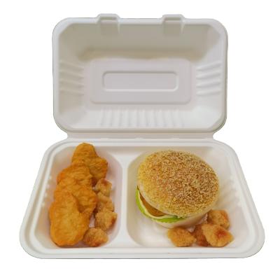 China Disposable Eco-friendly Food Packaging Food Box Bagasse Box 9x6inch 2 Compartment for sale