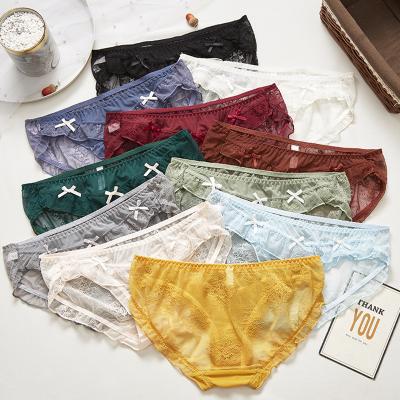 China 2022 New Antibacterial Girls Lace Rise Briefs Japanese Sexy Lace Bow Cavity Underwear Bottoms for sale