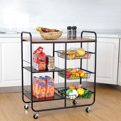 China Natural Metal 3Tier Kitchen Rolling Cart Serving Island for Kitchen Groceries Multifunctional Storage Serving Cart with 4 Swivel Wheels for sale