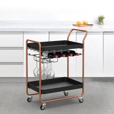 China Rose Gold Portable Utility Movable 2 Tier Wine Rack Eco-Friendly Bar Cart Kitchen Wine Rack Rolling Serving Cart with Glass Frame for sale