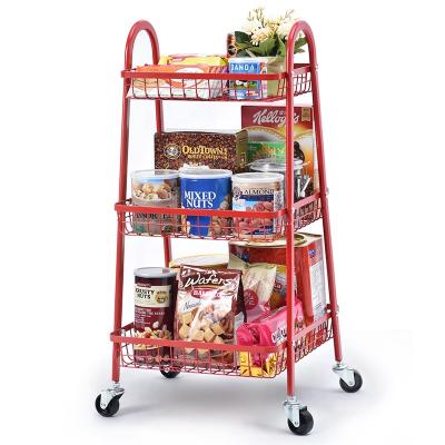 China Customized Modern Grid Basket 3 Row Rolling Cart Storage Serving Cart with Handle and Lockable Wheels for Office Kitchen for sale