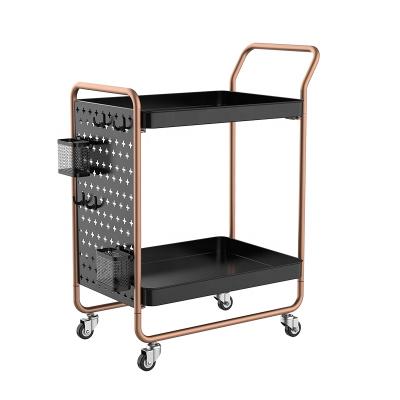 China Living Room/Kitchen/Bathroom Trolley Metal Utility Shelving With Peg Panel Hooks DIY Baskets Handles Locking Wheels 2 Tier Bathroom Organizer Trolley for sale