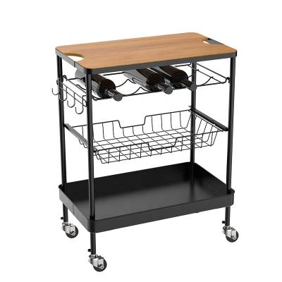 China Natural Kitchen Bar&Serving Cart Storage Rolling Serving Cart with 3-Tier Shelves, Metal Wine Rack Storage and Glass Bottle Rack for sale