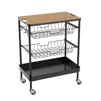 China Modern Kitchen Island Serving Cart with Serving Wood Storage 4-Tier Tabletop Rolling Cart with 2 Basket Drawers for sale