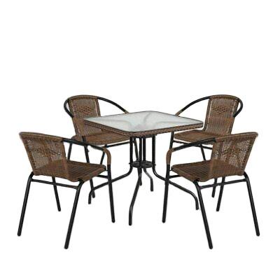 China Modern 28 Square Glass-Metal Table with Dark Brown Rattan and 2 Dark Brown Rattan Edging Table and Chair Set for sale