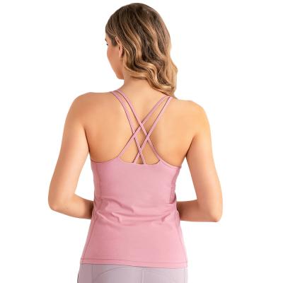 China Breathable Cross Bare Back Yoga Half Tops Shirt Sling Sportwear Gym Fitness Workout Loose Sleeveless Yoga Wear For Women Wholeslae for sale