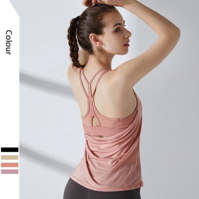 China Splicing Yoga Sport Vest Fitness Shirt Elegant Women Breast Pad Yoga Suit Loose One Piece Mesh Bra Shirt Breathable Sleeveless Wear for sale