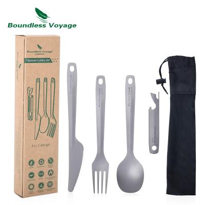 China Titanium Cutlery Knife Fork Spoon Outdoor Camping Outdoor Bottle Opener 4 in 1 Multifunctional Set Spoon Fork Screwdriver Camping for sale