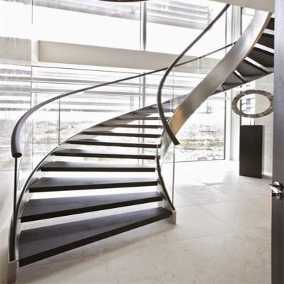 China Contemporary Modern Oak Wood Curved Staircase Cast Iron Stainless Steel U Curved Stair Railing for sale