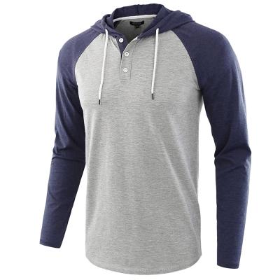 China Anti-wrinkle navy and gray knit drawstring hood contrast raglan sleeves fit cuffs and hem men's pullover hoodie for sale