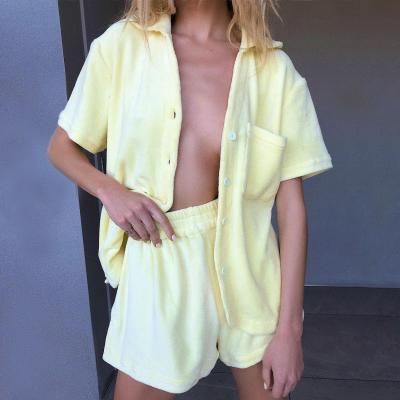 China 100%Cotton Hot Sale QUICK DRY Casual Towel Simple TY Buttons Beach Terry Toweling Sets Two Pieces Shirt And Shorts Set For Women for sale