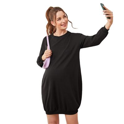 China 2021 New Design Anti-allergy Drop Shoulder Casual Maternity Dress Solid Pregnant Sweatshirt Dress for sale