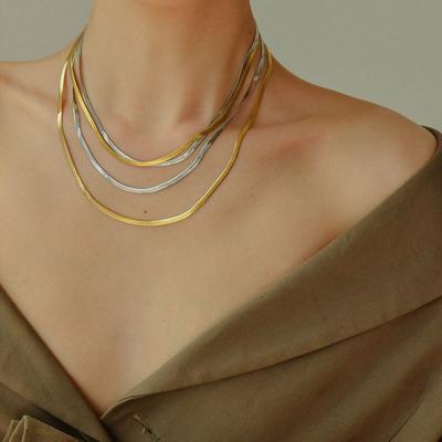 China FASHIONABLE Stainless Steel Fishbone Blade Snake Flat 18K Gold Double Layer Chain Choker Necklace For Women for sale