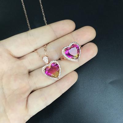 China FASHIONABLE Pink Gemstone Crystal Pendant Icy Heart Zircon Chain Necklace For Women for sale