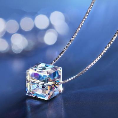 China Colorful Zircon Crystal Pendant Silver Chain Necklace FASHIONABLE Tasty Cube Glitter in Women for sale