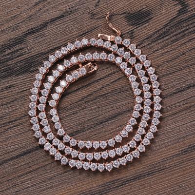 China 3mm TRENDY 3 Women's Rose Gold Pink Cubic Zircon Diamond Tennis Chain Necklace For claws for sale