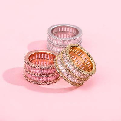 China Trendy Double Layer Fashion Luxury Pink Iced Zircon Diamond Jewelry Ring For Women for sale