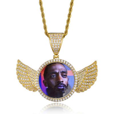 China TRENDY Hip Hop Jewelry Photo Copper Inlaid Zircon Round Wings Lettering Pendant Necklace Custom for sale