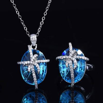 China FASHIONABLE Blue Gemstone Ring Necklace Jewelry Sets Full of Zircon Iced Out Zircon Diamond Luxury Necklace Jewelry Sets for sale