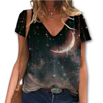 China 2023 Breathable Fashion 3D Sky Printer Starry Machine Tops Women V Neck T-shirt Summer Casual Loose Short Sleeve Clothes for sale