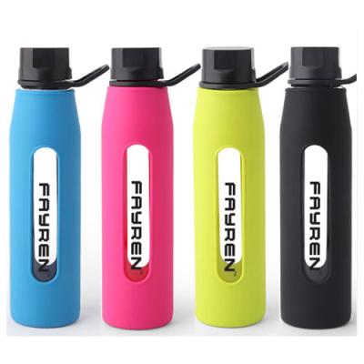 China Sustainable Fashion Colorful Design Eco-Friendly Transparent Sports Glass Bottle With Leak Proof Lid And Handle for sale