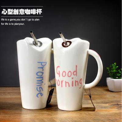 China Viable Wholesale Custom Manufacturer 450ml White Porcelain Double Walled Ceramic Coffee Mug With Straw for sale