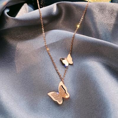 China Trendy Clavicle Titanium Steel Chain Two Butterflies Fashion Pendant Necklace For Women Ladies Korean Jewelry for sale