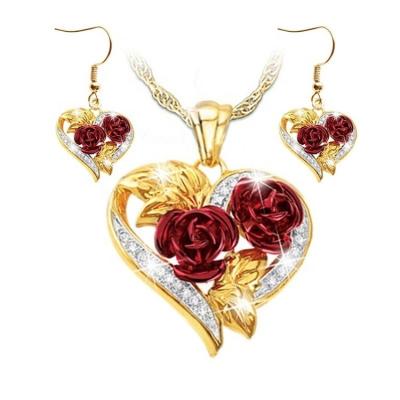 China CLASSIC Fashion Women's Jewelry Rose Flower Valentine's Day Engagement Wedding Necklace Earrings Luxury Gift for sale