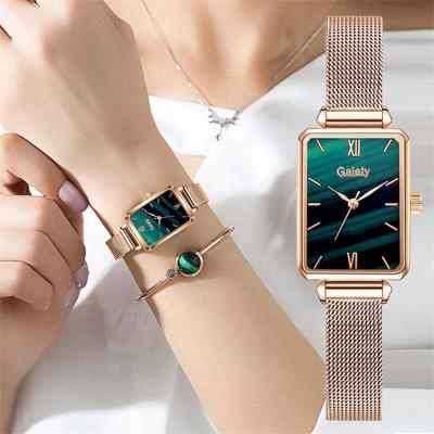 China Fashion \ popular dress luxury women fashion square ladies quartz watch strap green dial set Rose Gold Mesh Luxury simple for sale