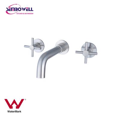 China Metered Faucets Sembowell Watermark 304 / 316 SS Stainless Steel Brushed Wall Basin Set With Cross Handles for sale