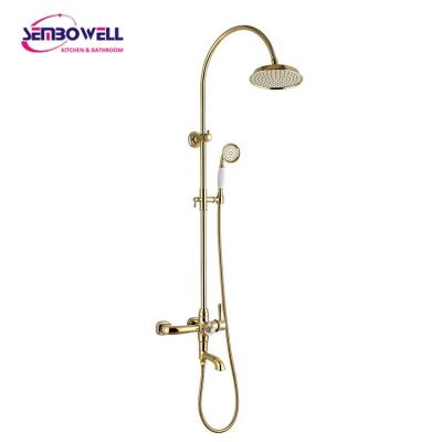 China Luxury Shower System Gold Slide Bar Vintage Brass Exposed Shower Column Being Set With Bath And Shower Mixer for sale