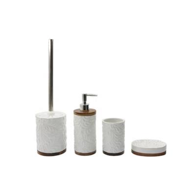 China Viable Wholesale Bulk Embossed White Hotel Bathroom Home Accessories Set Cheap Ceramic Bathroom Set for sale