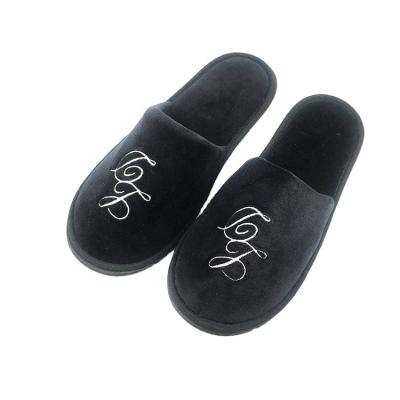 China Disposable Customized Hotel Slippers Anti-slip/Soft/Breathable Black Cotton Velvet With Embroidered Logo for sale