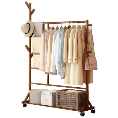 China Wooden Hangers Rack Simple Multi-Function Household Bedroom Household Simple Multi-Function Floor Hanger Hat Bag Holder Mobile Drying Rack for sale